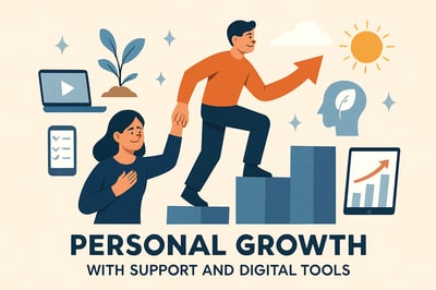 Illustration of a person achieving personal growth with support and digital tools