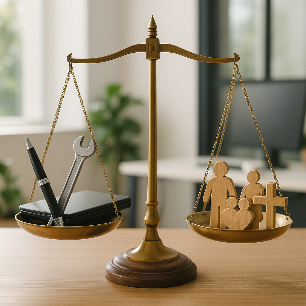 A balanced scale with professional tools on one si