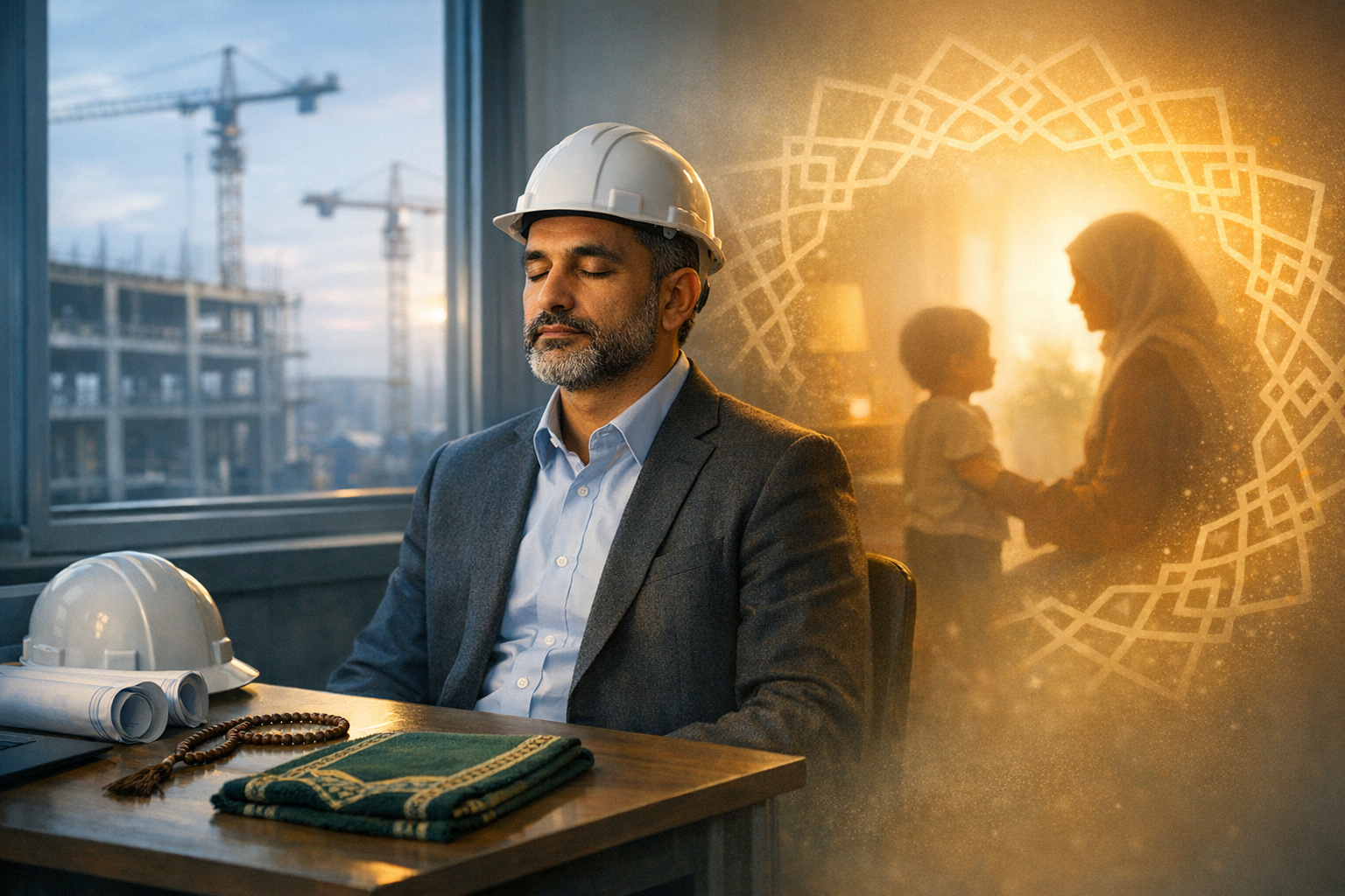 Cinematic photorealism of a Muslim project manager pausing for calm dhikr in a construction site office. Medium-wide, eye-level three-quarter shot: he